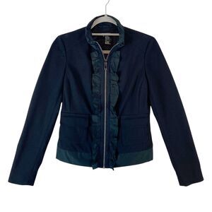 Etcetera Jacket Women's Sz 4 Black Ruffle Full Zip Mock Neck Pockets Long Sleeve